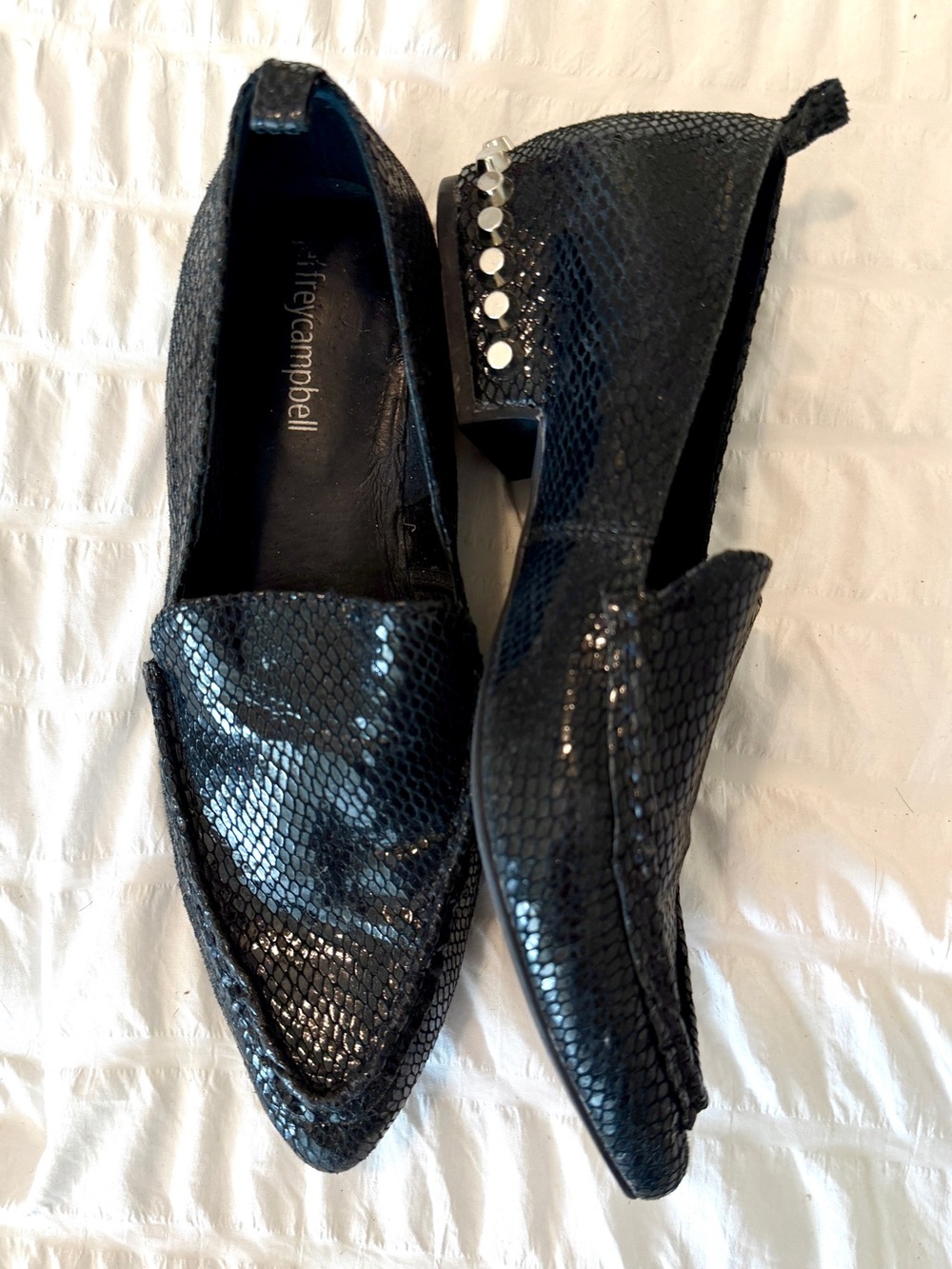 Jeffrey Campbell Black Snake-Embossed Pointed Loafers with Stud Accent